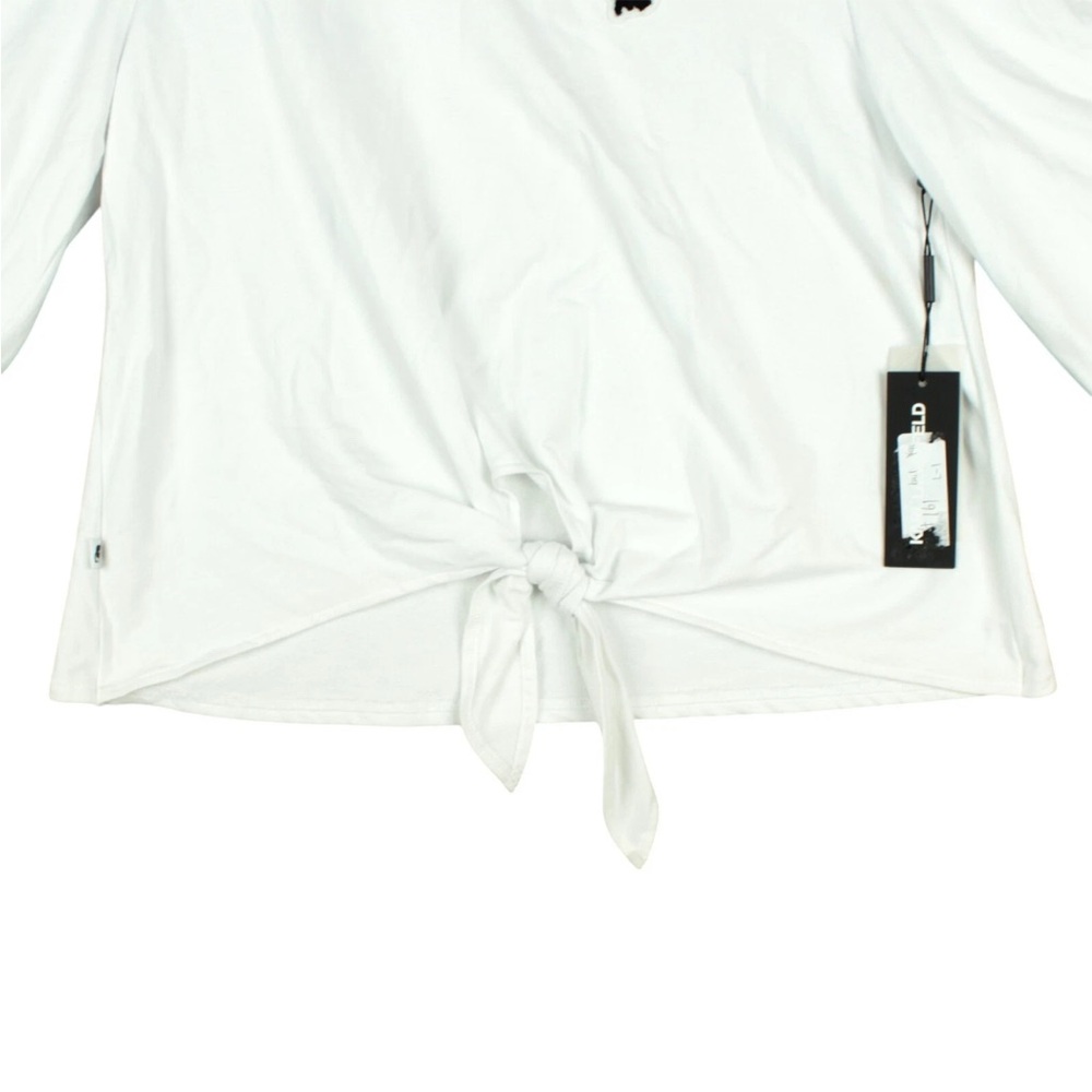 KARL LAGERFELD PARIS Women Tie-Front Top White Size L 3/4 Sleeves NWT - Picture 3 of 15
